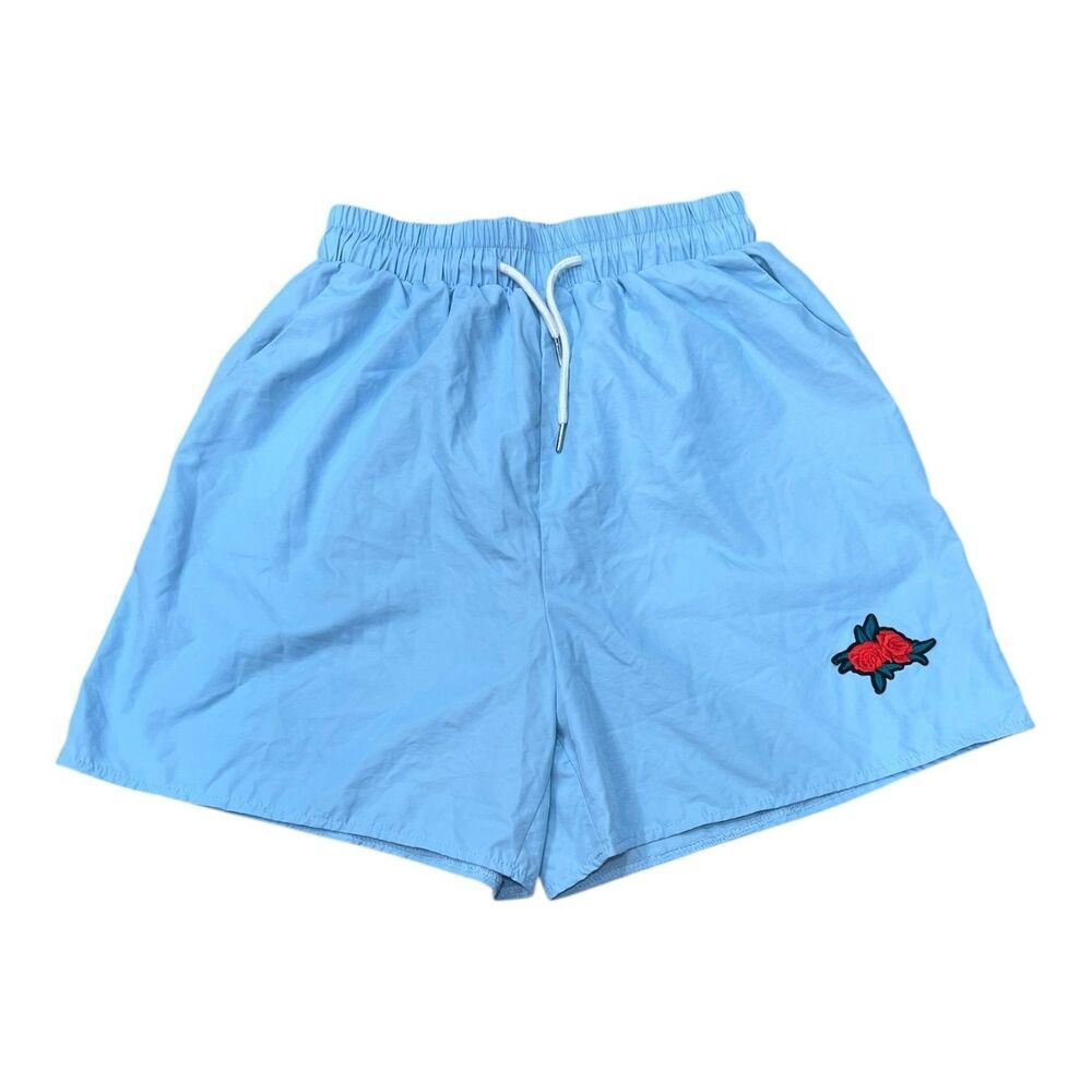 Romwe Light Blue Guys Rose Patch 5” Pull On Shorts S